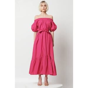Elliatt Lilith Bardot Neck Off Shoulder Cotton Midi Dress in Fuschia, size S